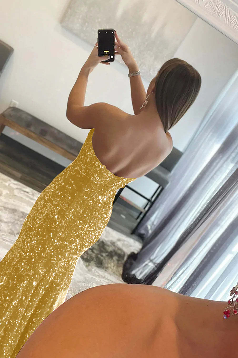 Off-the-Shoulder Sequins Mermaid Strapless Long Prom Dress With Slit